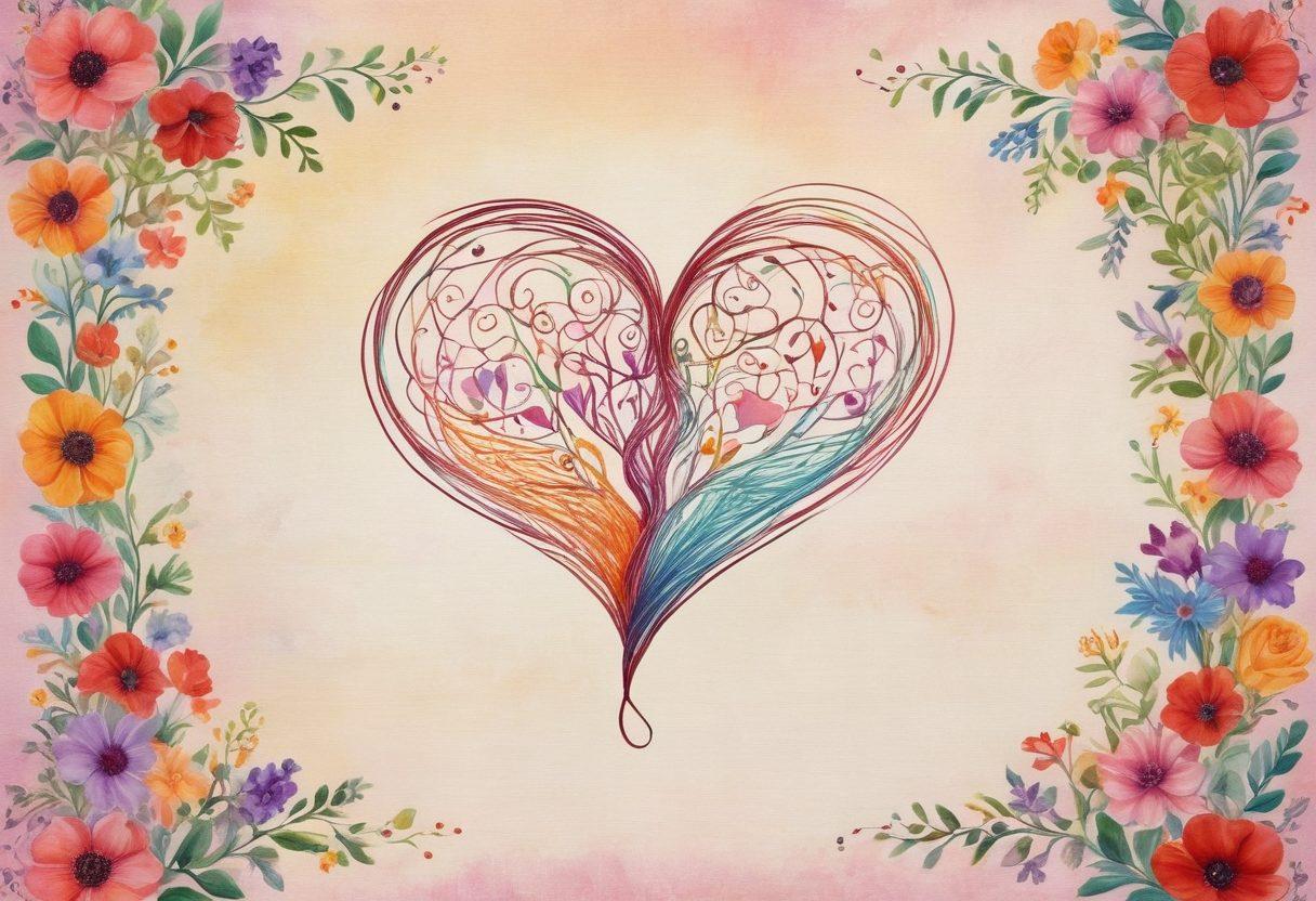 A tapestry of intertwined hearts and threads in vibrant colors, symbolizing the bonds of a romantic relationship, with delicate details of flowers and soft pastel backgrounds enhancing the warmth. Imagery of diverse couples sharing moments of joy and connection intertwining through the threads, evoking emotions of love and unity. Elegant font overlay reading 'Weaving Heartstrings' in a whimsical style. painting. vibrant colors. soft background.